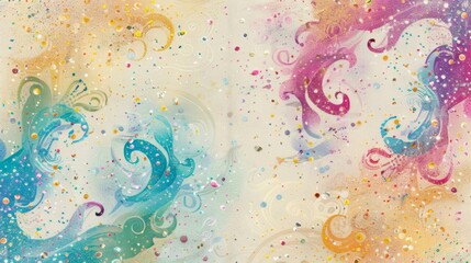 Abstract Swirls and Glitter Confetti Background in Festive Colors