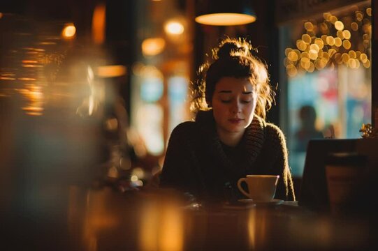 Focused woman working on laptop in cozy caf&eacute; at golden hour