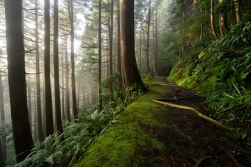 Obraz premium Root-Laced Forest Path | Misty Green Trail Through Lush Woodland Canopy