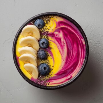 Colorful smoothie bowl with banana blueberry and chia on gray background