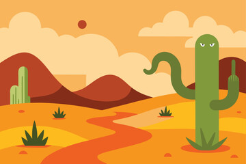 Cartoon Desert with Cacti Snakes and Rocky Hills