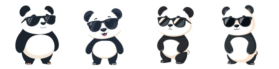 Collection of Funny Adorable Little Cartoon Panda Bears Wearing Trendy Cool Sunglasses Vector Illustration Set