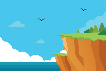 Cartoon Cliffside with Birds Flying and Ocean Far Away