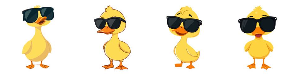 Cute Cartoon Ducklings Chicks Set Wearing Cool Black Sunglasses Funny Animal Character Illustration Vector Graphic Fun Summer Design Element