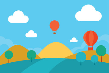 Cartoon Cloudscape with Floating Hot Air Balloons