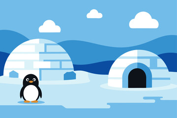 Cartoon Arctic Scene with Penguins and Igloos