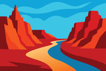 Canyon Landscape with Winding River and High Red Rocks