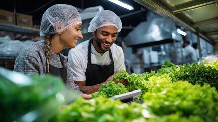 Team of two weighing fresh greens and preparing for local delivery.