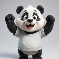 Naklejka premium Cute Cartoon Panda Character Celebrating Happily in a Blank White T Shirt on a Grey Background