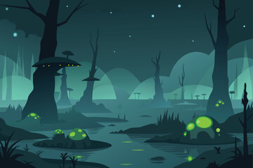 Alien Swamp with Thick Fog and Glowing Insects