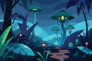 Alien Jungle with Glowing Plants and Strange Creatures
