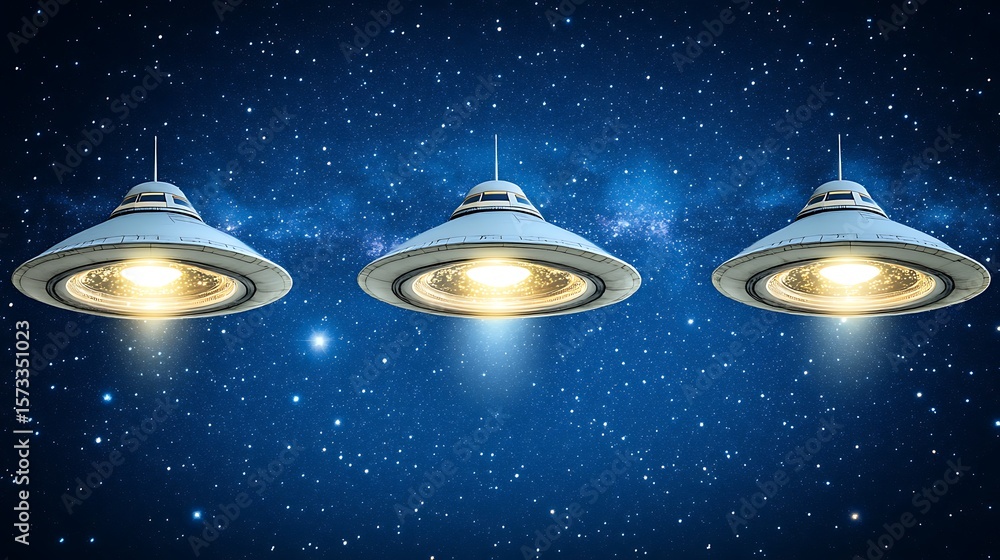 Poster three unidentified flying objects in space.