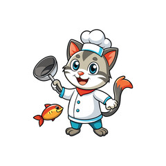 Cute Cat Chef Tossing Fish in Frying Pan Vector Illustration – Culinary Animal Character Cooking Food in Kitchen with White Background – Funny Cartoon Art