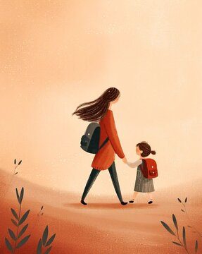 Illustration of mother and daughter walking hand in hand with backpacks