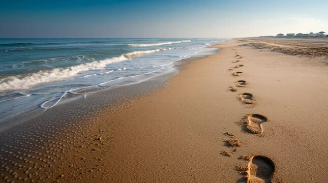 Footprints in wet sand along peaceful beach at sunrise