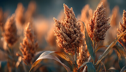Mature sorghum stalks swaying golden in sunlight, representing agricultural sustainability and bountiful crop potential