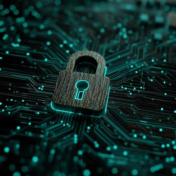 Glowing digital padlock on futuristic circuit board background