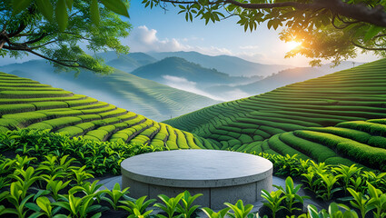 "Scenic Tea Plantation Landscape with Stone Pedestal in Lush Green Hills Under Morning Sunlight"

