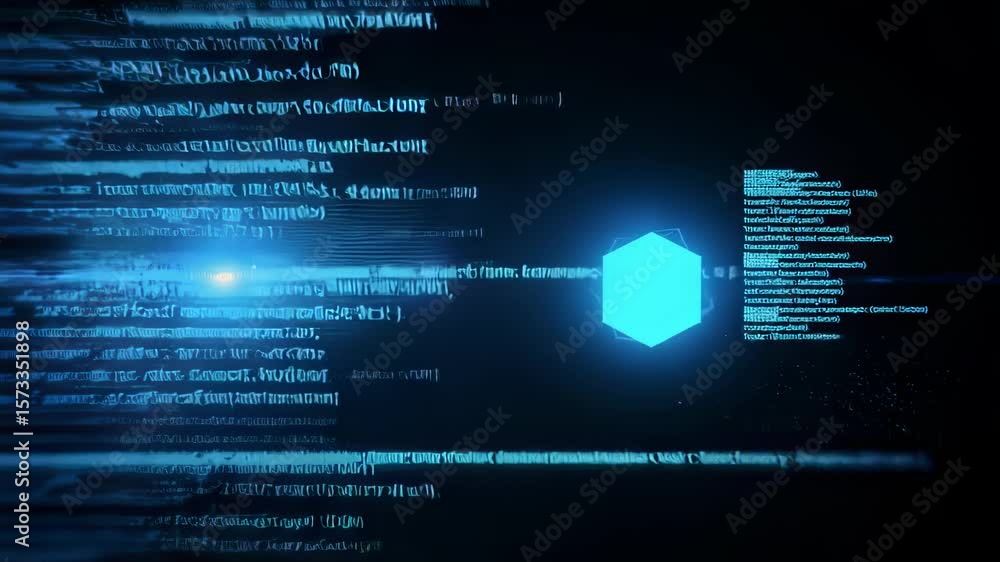 Poster futuristic digital interface with glowing code and a neon hexagon