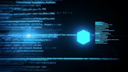 Futuristic digital interface with glowing code and a neon hexagon - Powered by Adobe