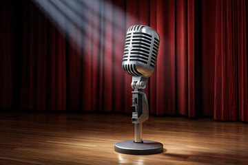 Vintage Silver Microphone on Wooden Stage with Red Curtains Illuminated by Spotlight vintage microphone