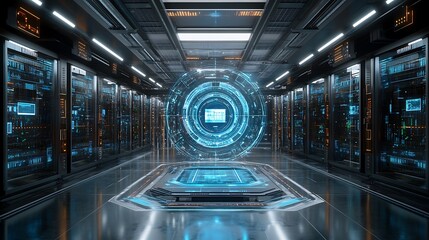Futuristic server room with holographic display.