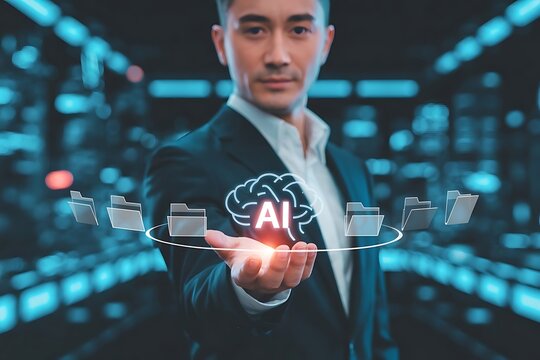 Business progress and the success of the mixed media goals (3D graphics). Artificial intelligence technology concept with text AI on electronic circuit board.