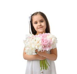 Cute little girl with bouquet of beautiful peonies on white background