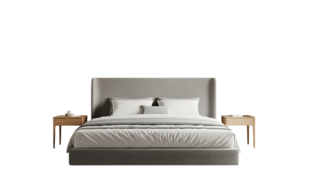 Modern upholstered bed with nightstands and bedding isolated on transparent background