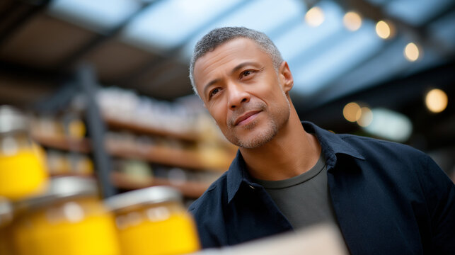 A middle-aged man selecting spices in a well-lit store