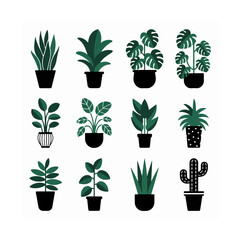 Black Vector Silhouettes of Classic Houseplants in Pots
