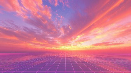 Vaporwave Sunset Sky with Retro Grid Background