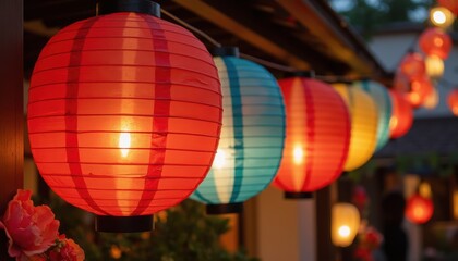 close up of colorful paper lanterns gently swaying in the summer breeze during a japanese festival night.