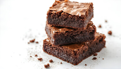 Stack of moist chocolate brownies with crispy crust isolated on white background