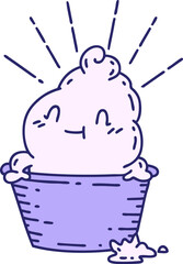 illustration of a traditional tattoo style ice cream character in bright neon color