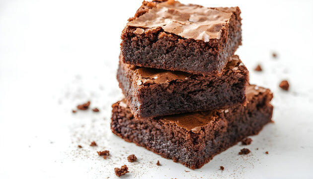Stack of moist chocolate brownies with crispy crust isolated on white background