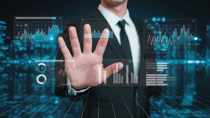 Businessman interacting with holographic financial data