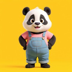 Cute Panda Character Wearing Overalls Smiling on Bright Yellow Background