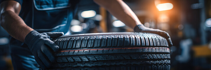 tire changing tyre repair car service shop background banner with copy space, close-up of auto mechanic hand on tire in automobile fixing garage