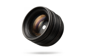 Professional camera lens with a transparent background, cut-out style image.