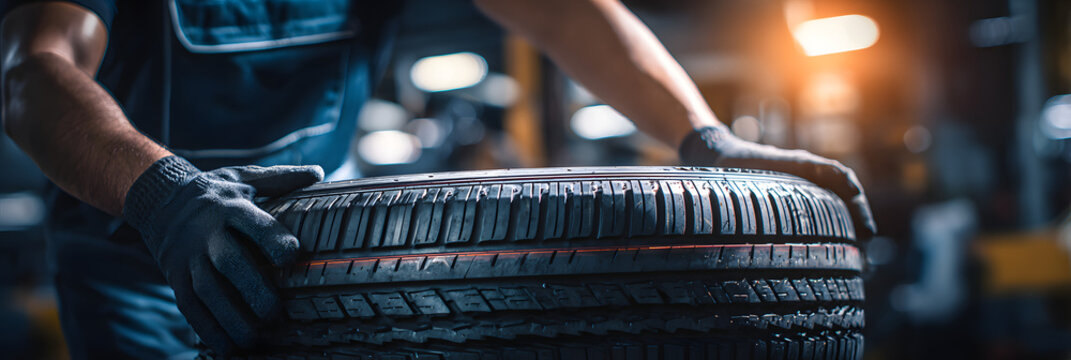 tire changing tyre repair car service shop background banner with copy space, close-up of auto mechanic hand on tire in automobile fixing garage - Powered by Adobe