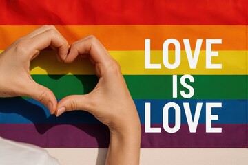 Hands forming heart shape in front of rainbow pride flag with Love Is Love text, symbolizing LGBTQ+ support, equality, and love