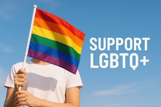 Person holding rainbow pride flag with text Support LGBTQ+ on clear blue sky background, symbol of equality and diversity