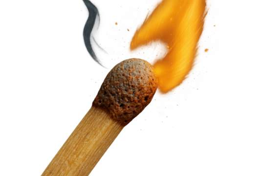 Burning match stick isolated on a transparent background, showing fire and smoke.
