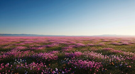 Fototapeta premium Expansive Pink Wildflower Meadow Under Vast Blue Sky