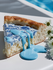 A slice of macaroni pizza with creamy blue sauce mimics porcelain under summer light by the poolside. Whimsical food fantasy with vibrant details.