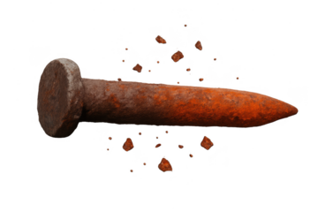 Old rusty nail with debris isolated on a transparent background, vintage tool