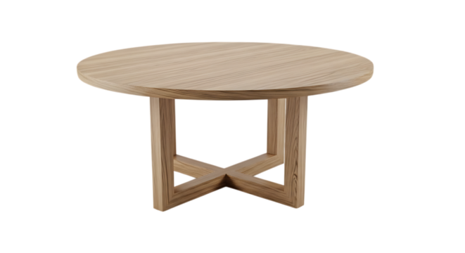Modern round wooden coffee table with x shaped base isolated on transparent background