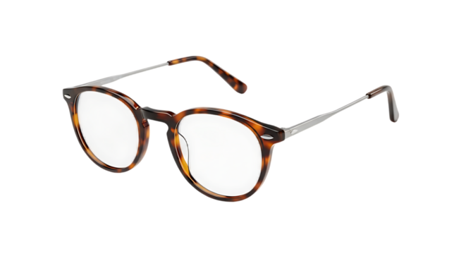 Tortoiseshell round eyeglasses with silver metal temples isolated on transparent background