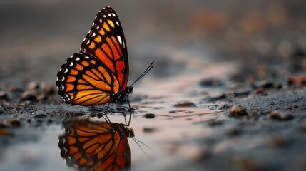 Obraz premium A vibrant orange butterfly with black markings rests on the ground near a small puddle, its reflection visible in the still water. The setting appears to be 